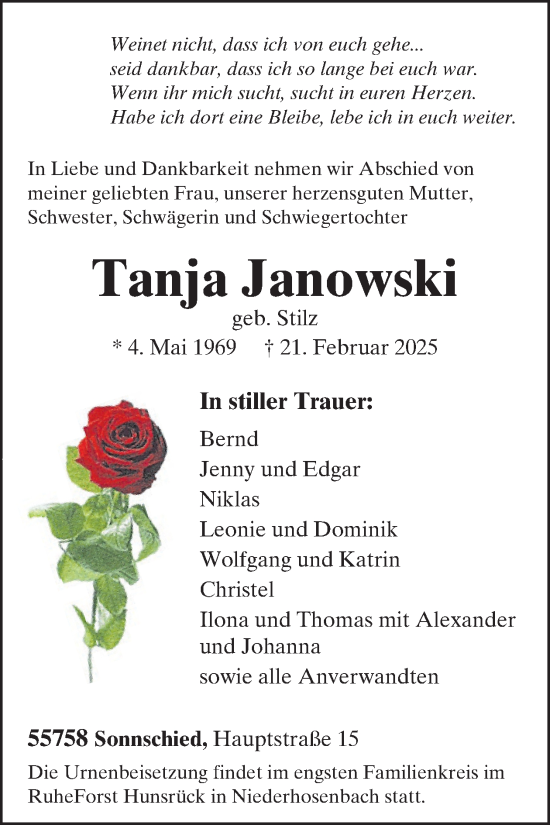 Traueranzeige von Tanja Janowski von WochenSpiegel