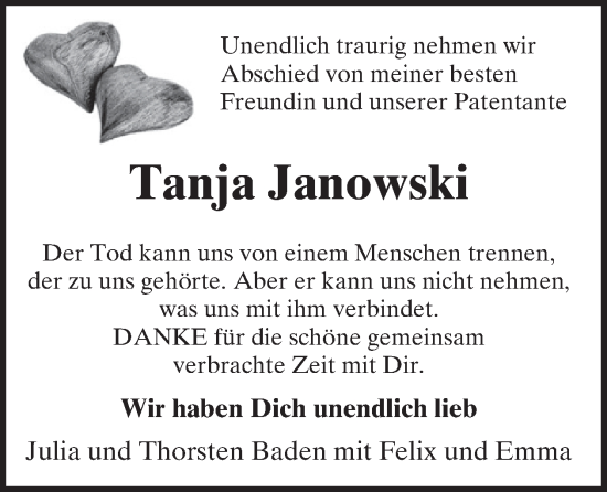 Traueranzeige von Tanja Janowski von WochenSpiegel