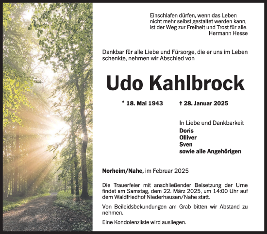 Traueranzeige von Udo Kahlbrock von WochenSpiegel