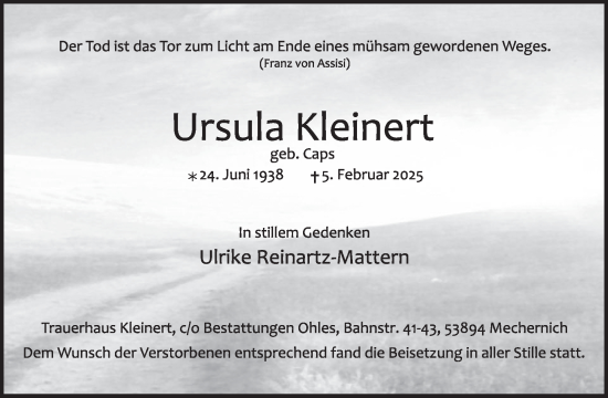 Traueranzeige von Ursula Kleinert von WochenSpiegel
