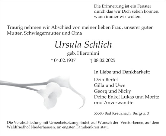 Traueranzeige von Ursula Schlich von WochenSpiegel