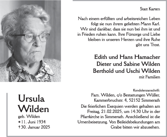 Traueranzeige von Ursula Wilden von WochenSpiegel