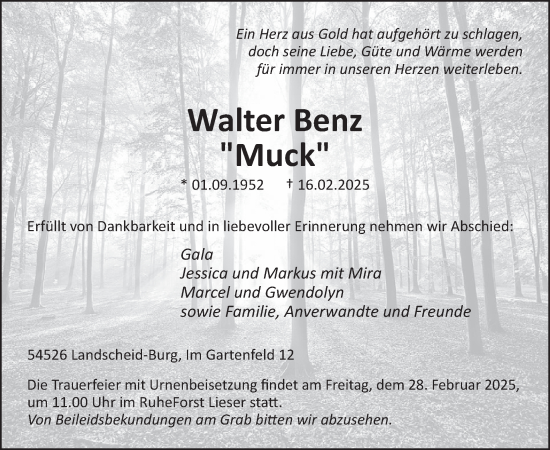 Traueranzeige von Walter Benz von WochenSpiegel