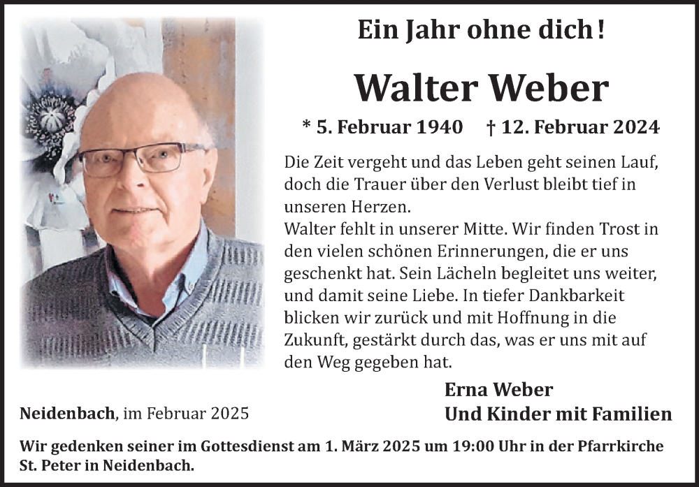  Traueranzeige für Walter Weber vom 21.02.2025 aus WochenSpiegel