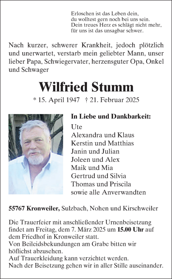 Traueranzeige von Wilfried Stumm von WochenSpiegel
