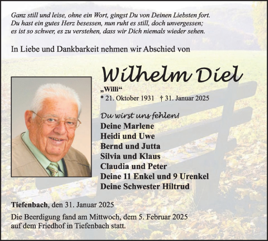 Traueranzeige von Wilhelm Diel von WochenSpiegel
