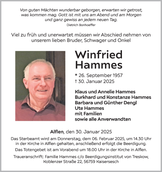 Traueranzeige von Winfried Hammes von WochenSpiegel