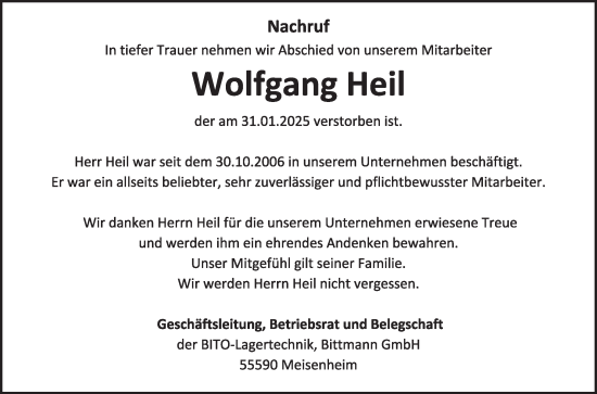 Traueranzeige von Wolfgang Heil von WochenSpiegel