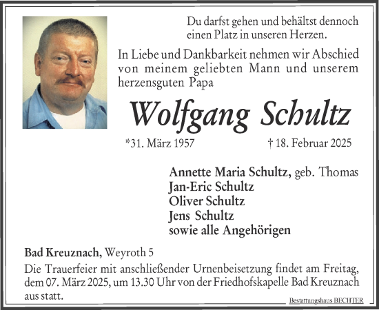 Traueranzeige von Wolfgang Schultz von WochenSpiegel