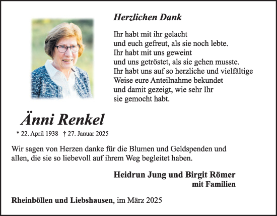 Traueranzeige von Änni Renkel von WochenSpiegel