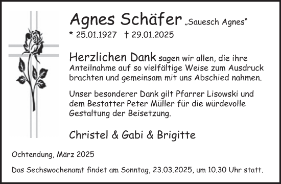Traueranzeige von Agnes Schäfer von WochenSpiegel