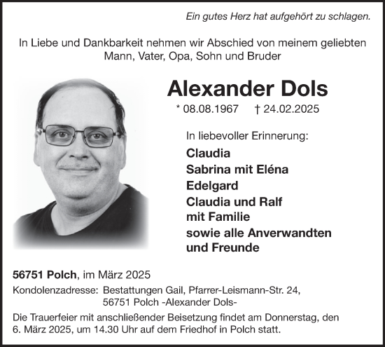 Traueranzeige von Alexander Dols von WochenSpiegel