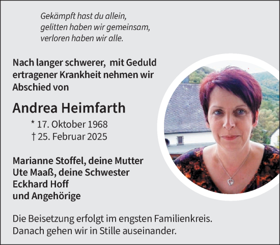 Traueranzeige von Andrea Heimfarth von WochenSpiegel