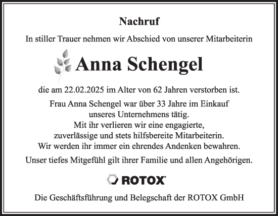 Traueranzeige von Anna Schengel von WochenSpiegel
