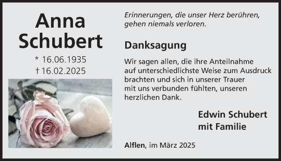 Traueranzeige von Anna Schubert von WochenSpiegel