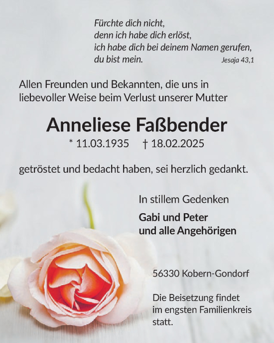Traueranzeige von Anneliese Faßbender von WochenSpiegel