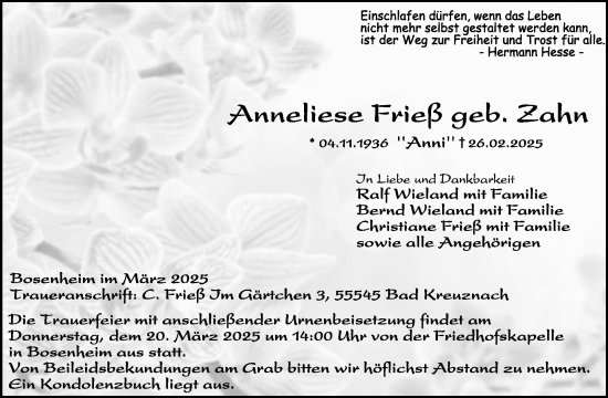 Traueranzeige von Anneliese Fries von WochenSpiegel