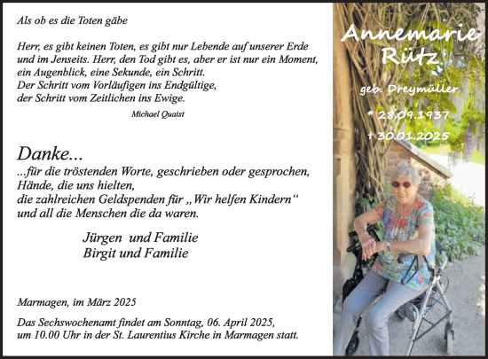 Traueranzeige von Annemarie Rütz von WochenSpiegel