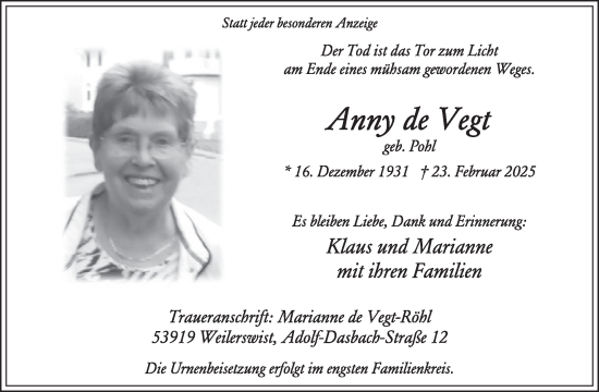 Traueranzeige von Anny de Vegt von WochenSpiegel