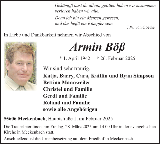 Traueranzeige von Armin Böß von WochenSpiegel