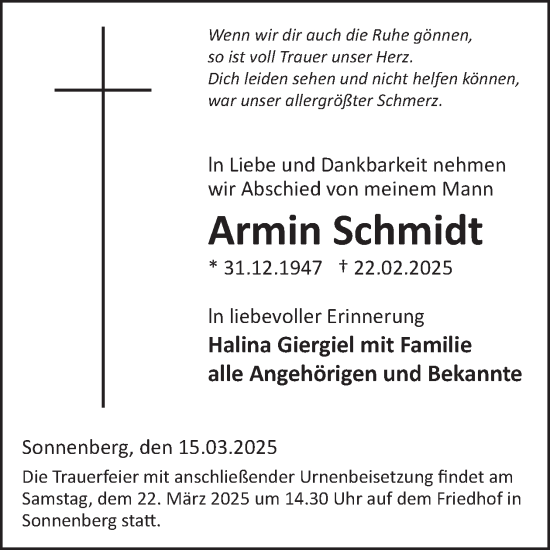 Traueranzeige von Armin Schmidt von WochenSpiegel