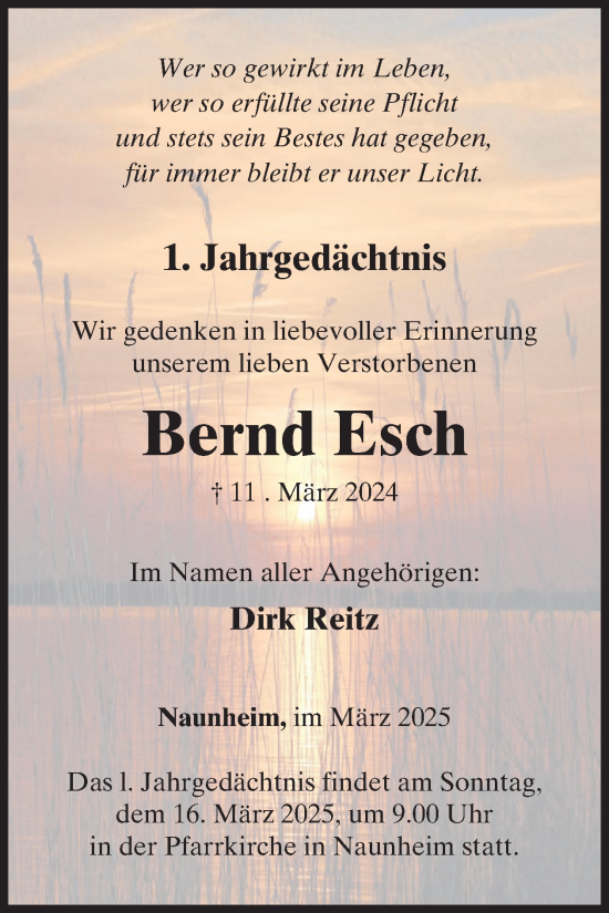 Traueranzeige von Bernd Esch von WochenSpiegel