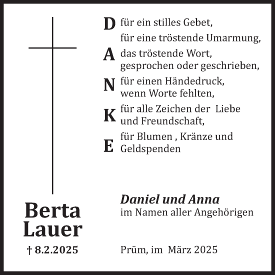 Traueranzeige von Berta Lauer von WochenSpiegel