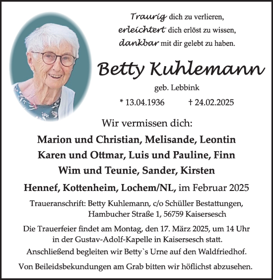 Traueranzeige von Betty Kuhlemann von WochenSpiegel