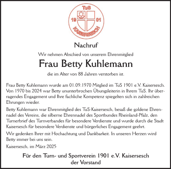 Traueranzeige von Betty Kuhlemann von WochenSpiegel