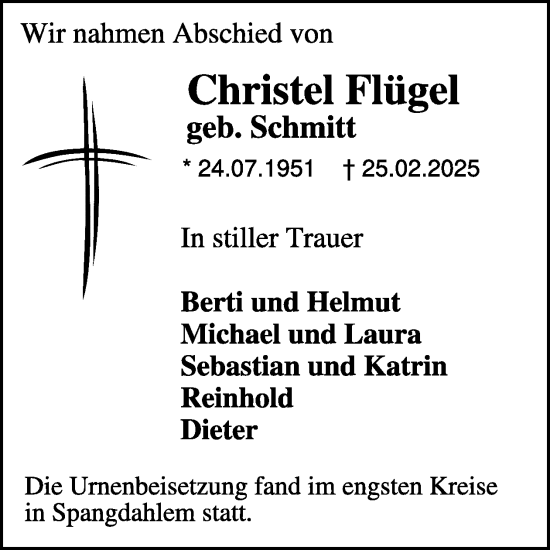 Traueranzeige von Christel Flügel von WochenSpiegel