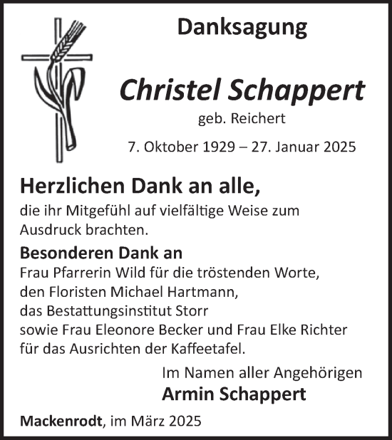 Traueranzeige von Christel Schappert von WochenSpiegel