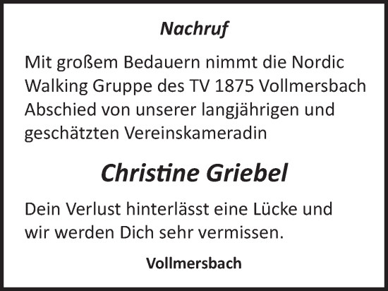 Traueranzeige von Christine Griebel von WochenSpiegel