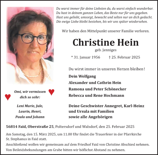 Traueranzeige von Christine Hein von WochenSpiegel