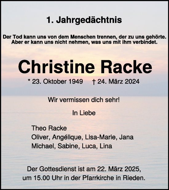Traueranzeige von Christine Racke von WochenSpiegel