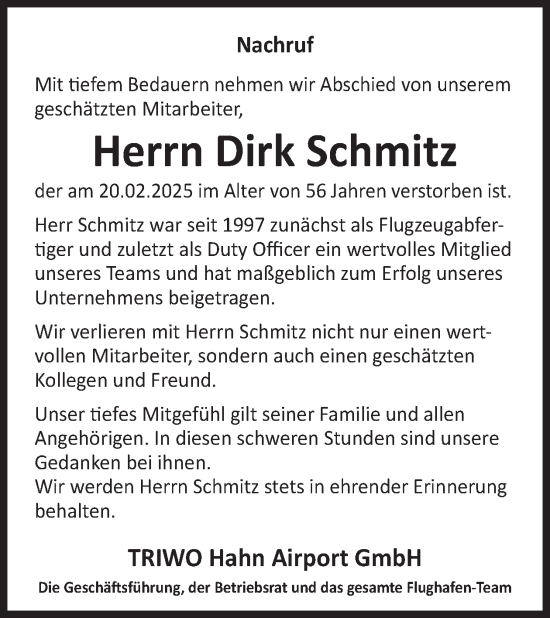 Traueranzeige von Dirk Schmitz von WochenSpiegel