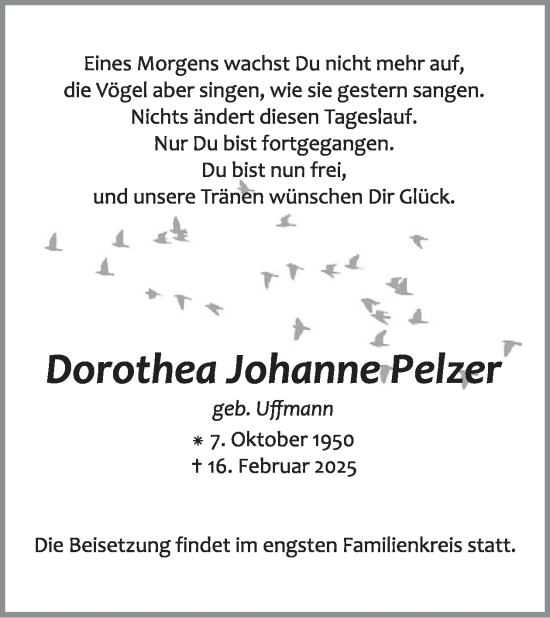 Traueranzeige von Dorothea Johanne Pelzer von WochenSpiegel