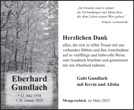 Traueranzeige von Eberhard Gundlach von WochenSpiegel