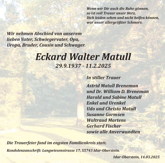 Traueranzeige von Eckard Walter Matull von WochenSpiegel