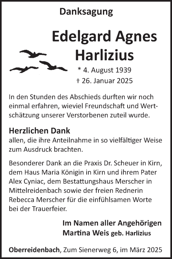 Traueranzeige von Edelgard Agnes Harlizius von WochenSpiegel