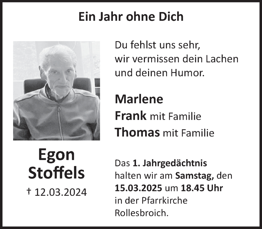  Traueranzeige für Egon Stoffels vom 12.03.2025 aus WochenSpiegel