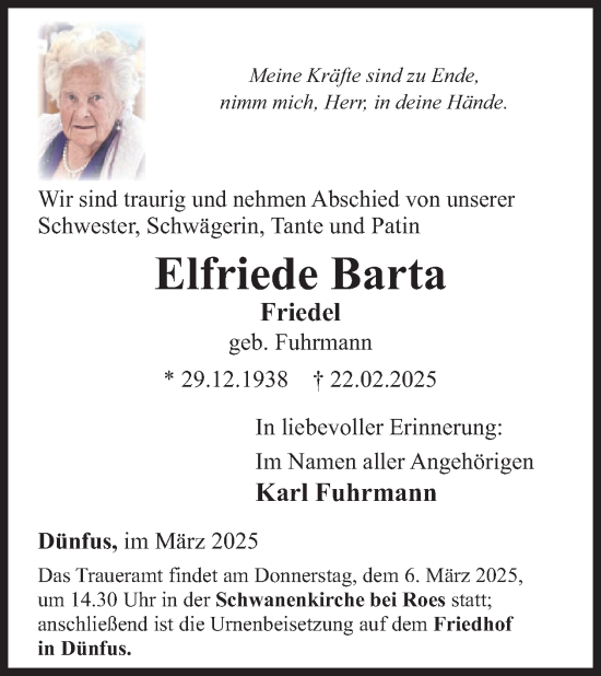 Traueranzeige von Elfriede Barta von WochenSpiegel