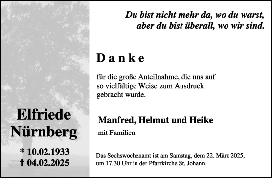 Traueranzeige von Elfriede Nürnberg von WochenSpiegel