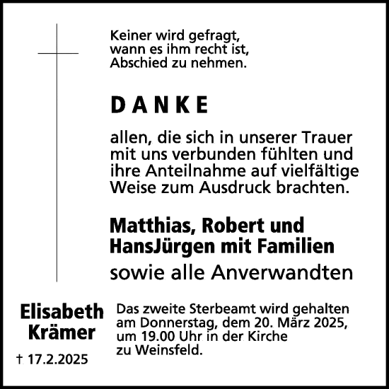 Traueranzeige von Elisabeth Krämer von WochenSpiegel