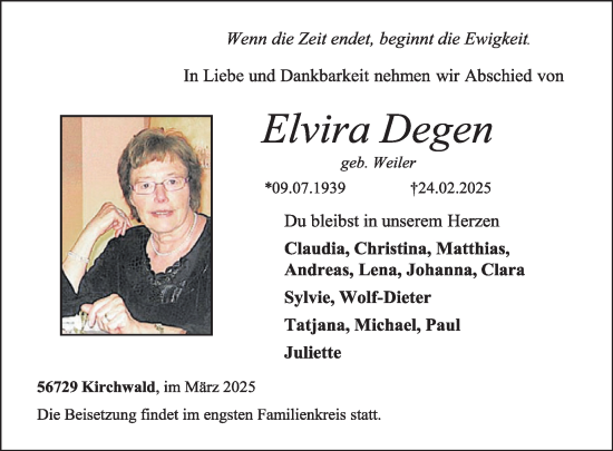 Traueranzeige von Elvira Degen von WochenSpiegel