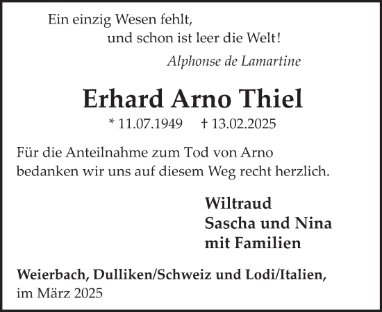 Traueranzeige von Erhard Arno Thiel von WochenSpiegel