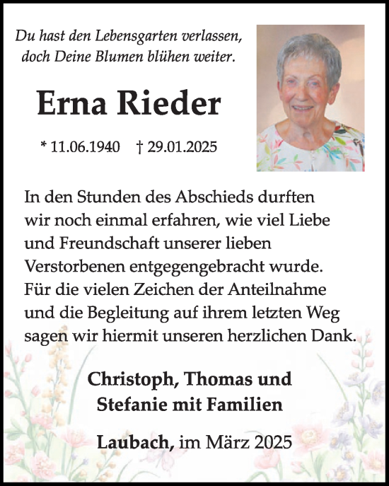 Traueranzeige von Erna Rieder von WochenSpiegel