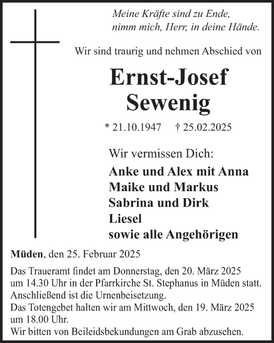 Traueranzeige von Ernst-Josef Sewenig von WochenSpiegel