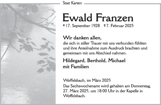 Traueranzeige von Ewald Franzen von WochenSpiegel