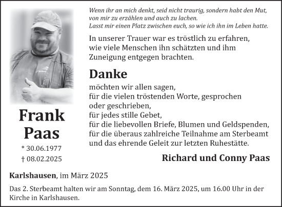 Traueranzeige von Frank Paas von WochenSpiegel