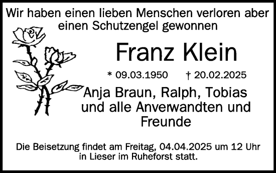 Traueranzeige von Franz Klein von WochenSpiegel